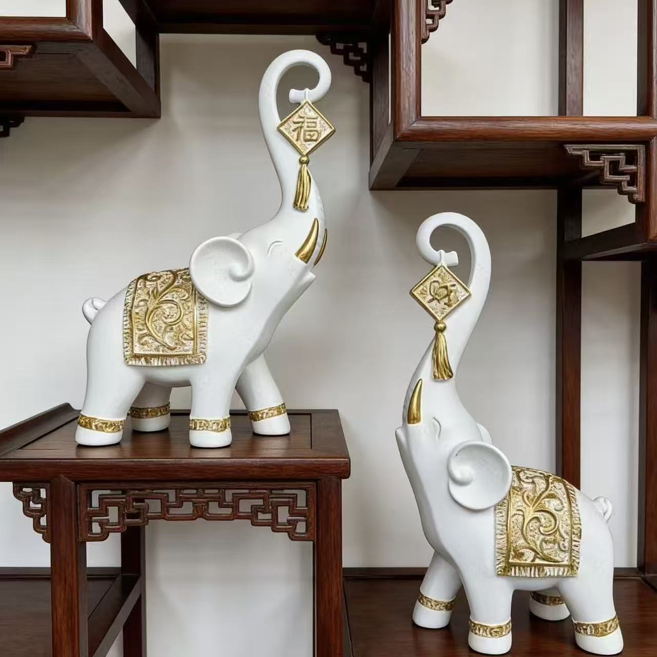 Resin Art Wedding Gift - Satu Pasang Patung Gajah Tionghoa Gaya